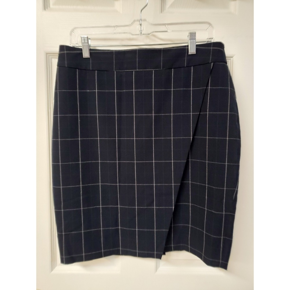 AMANDA CHELSEA Navy Blue Plaid Pencil Skirt Wrap Front Office Career Size 12